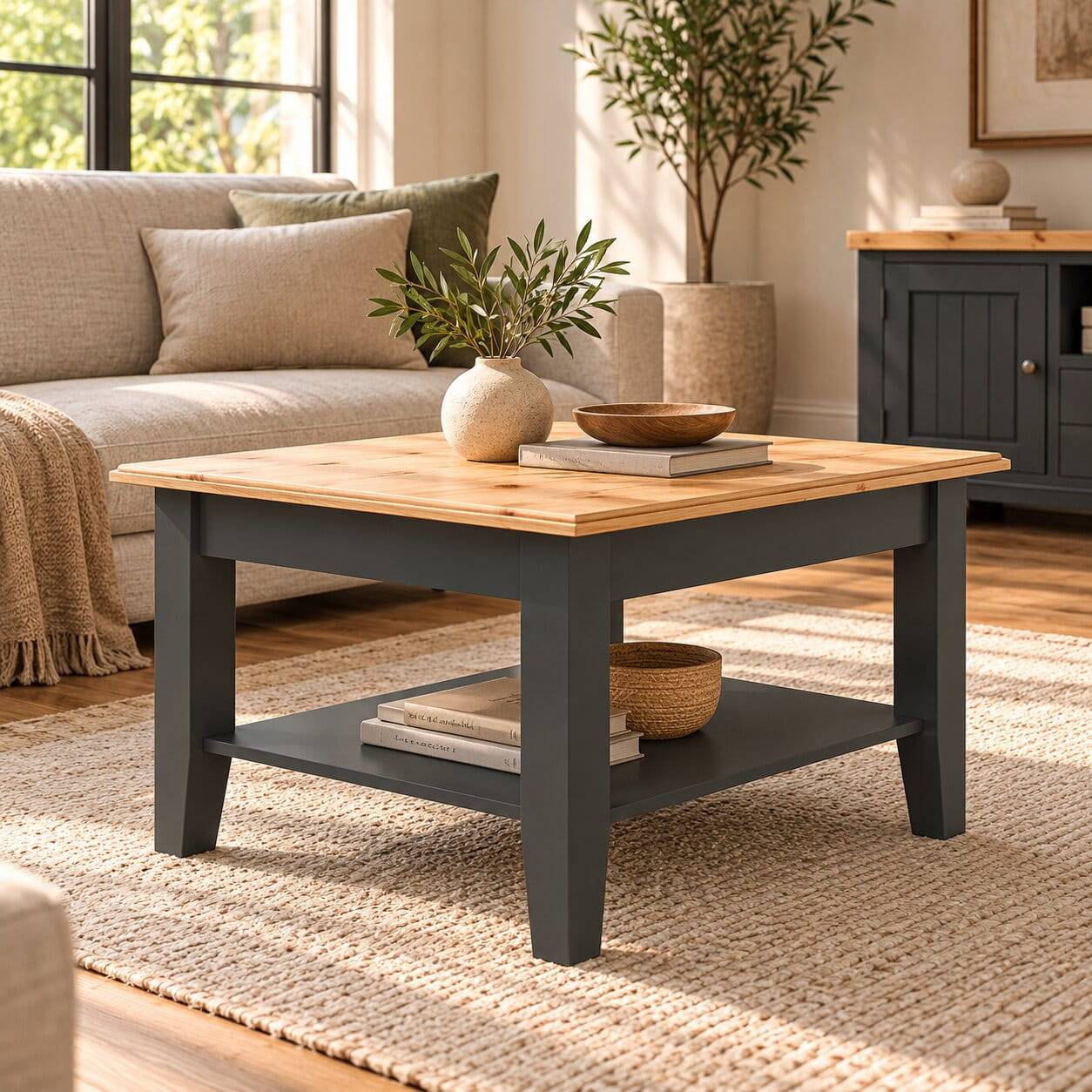 Modern Country Couchtisch in Grau und Kiefer - Eromsia