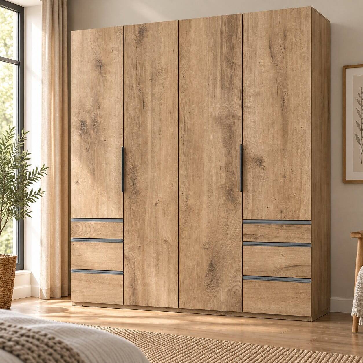 Schlafzimmerschrank mit 4 Türen & 6 Schubladen in Plankeneiche NB
