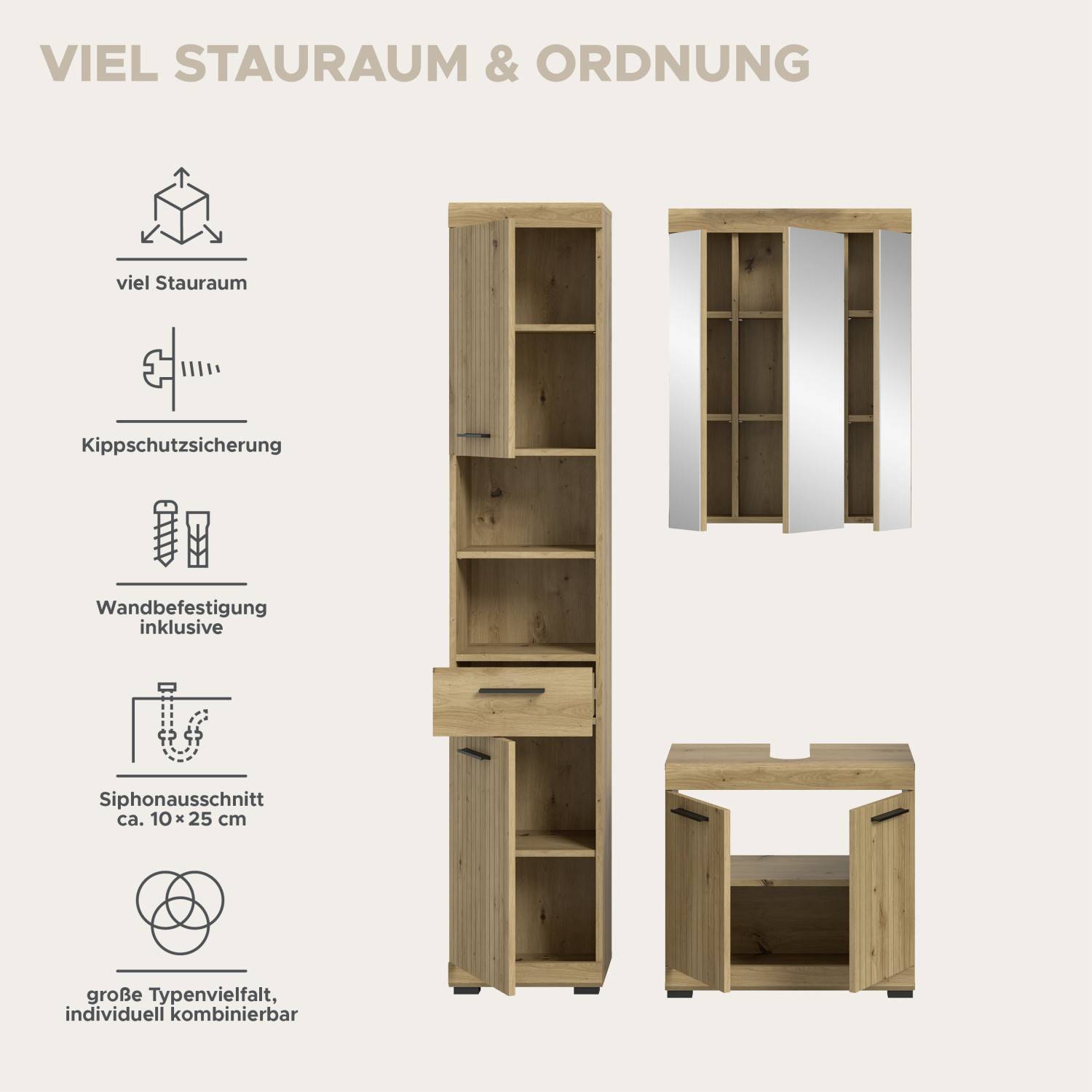 Badezimmerset mit viel Stauraum, Kippschutz, Wandbefestigung und Siphonausschnitt – Lasewood