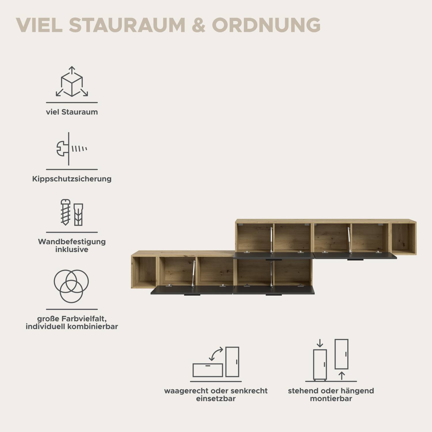 Vielseitiger Stauraum und flexible Montagemöglichkeiten für die modulare Fernsehwand, inklusive Wandbefestigung – Estoron