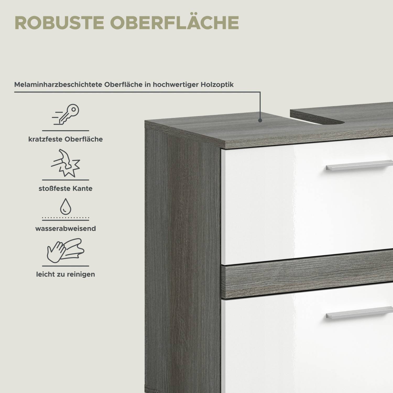 Robuste, pflegeleichte Oberfläche des Badezimmerschranks in Holzoptik Rauchgrau, kratzfest und wasserabweisend – Chapan