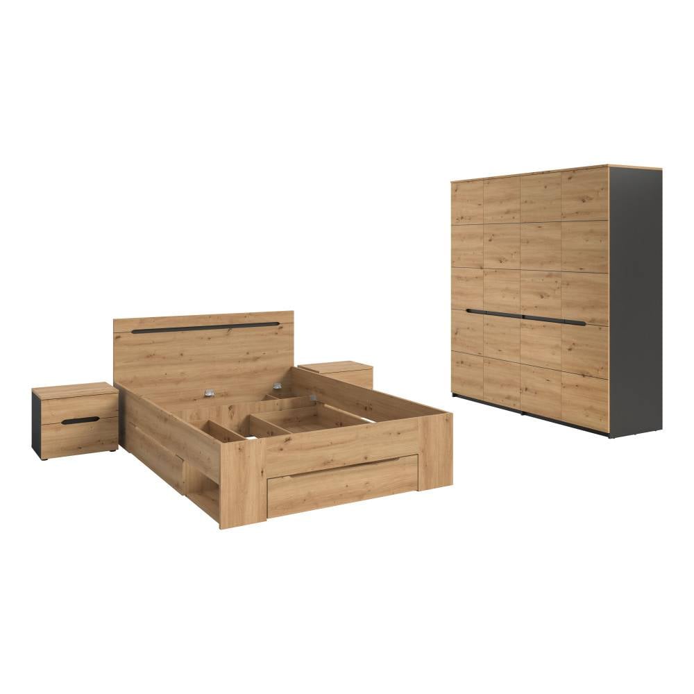 Vierteiliges Schlafzimmer Set mit Bett, zwei Nachttischen und Kleiderschrank in Eiche-Anthrazit Optik – Irysma