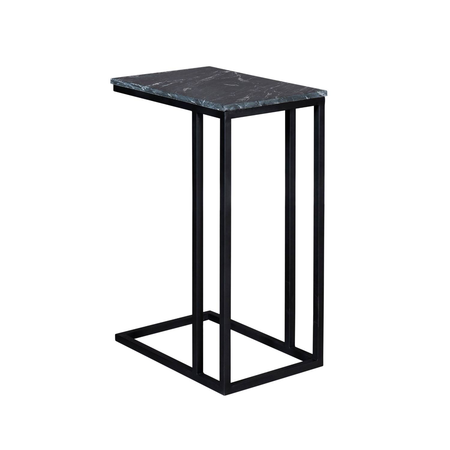 Eleganter Beistelltisch mit dunkler Marmorplatte und schwarzem Metallrahmen schräg – Rikera