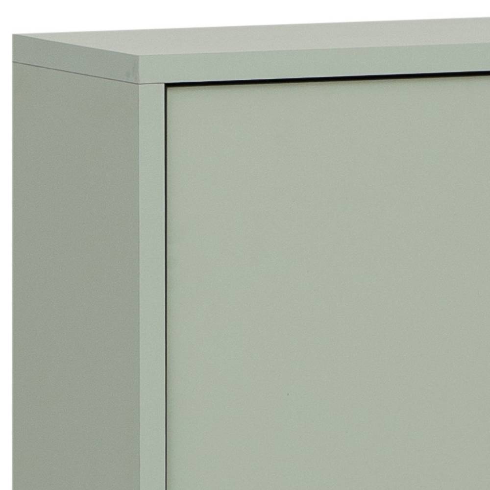 Obere Ecke der graugrünen Schuhkommode mit geschlossener Klappe und sauberer Verarbeitung – Vereny