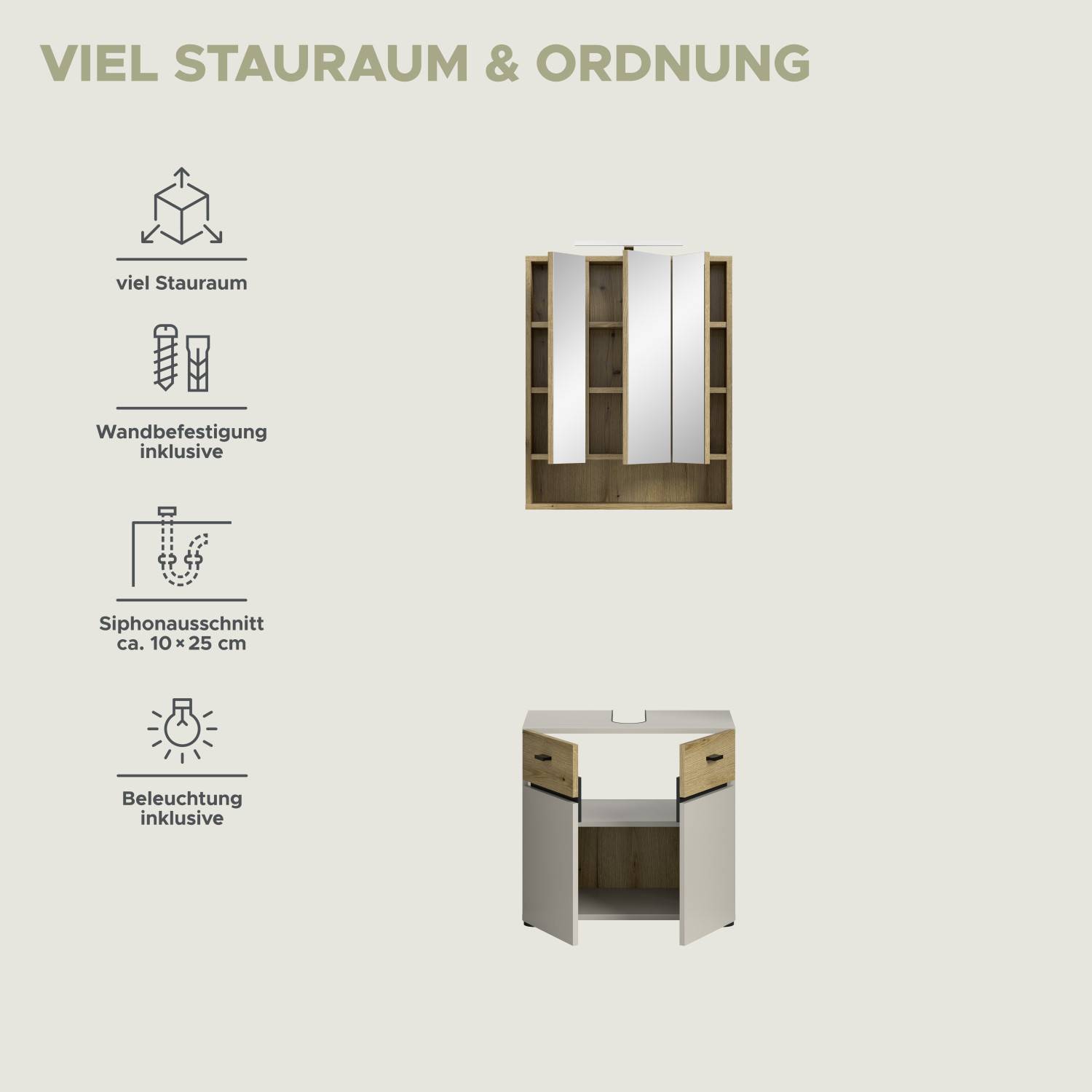 Heller Spiegelschrank und Waschtischunterschrank mit viel Stauraum, Beleuchtung und Siphonausschnitt – Majoristo