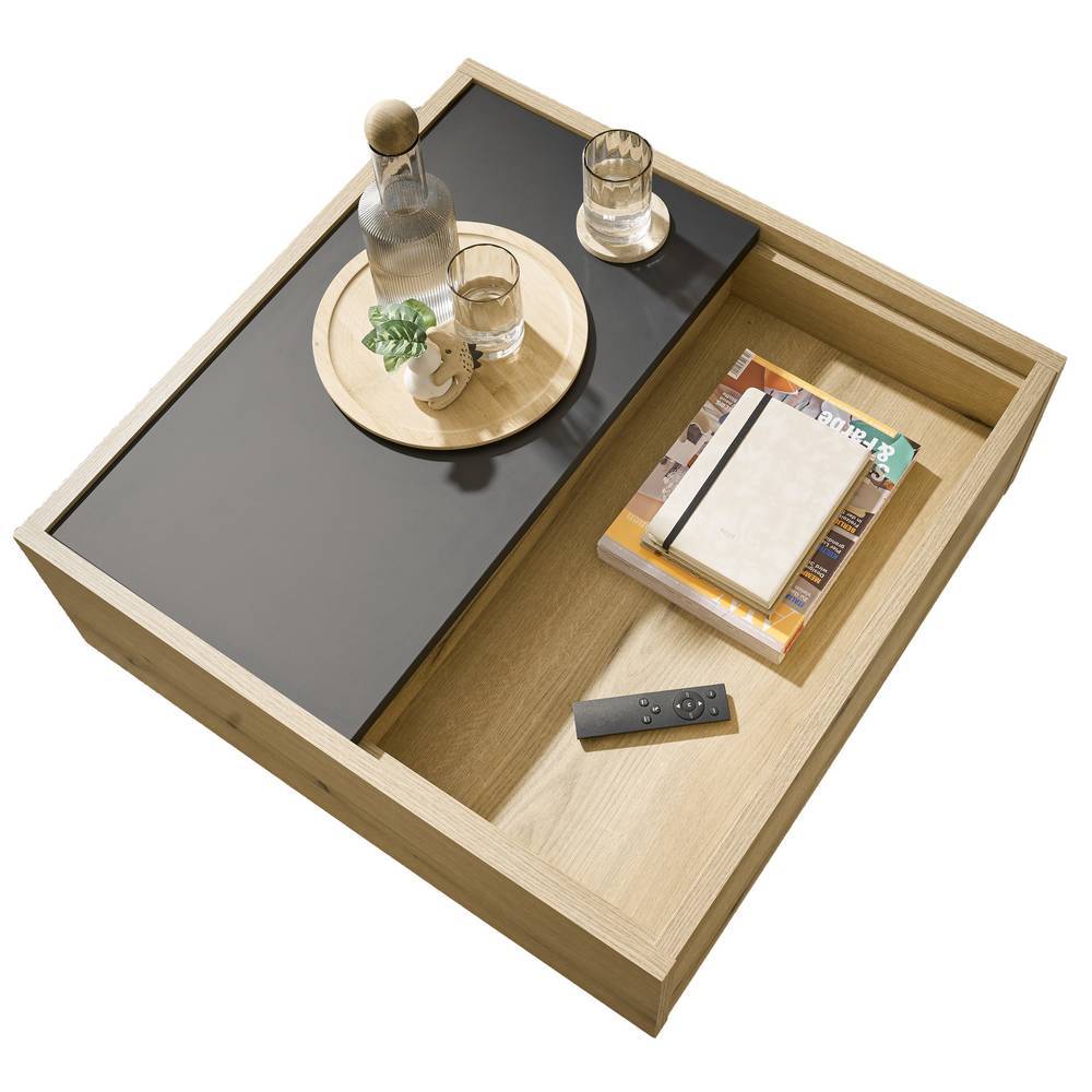 Quadratischer Couchtisch mit Eiche Holzoptik und flexibler Schiebeplatte für versteckten Stauraum – Addara