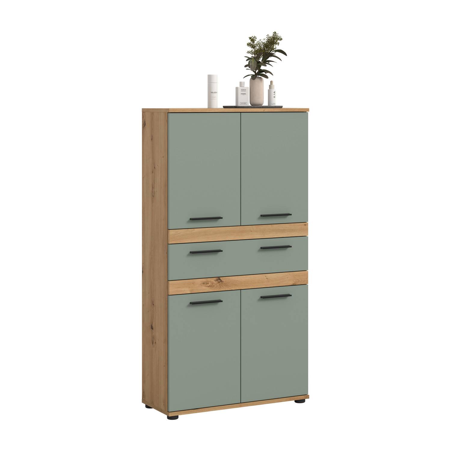 Moderner Hochschrank für das Badezimmer mit geschlossenen Türen und Schublade, Holz und Grün – Luzanos