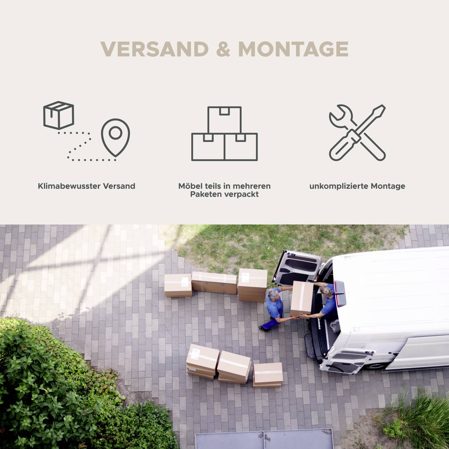 Darstellung der Vorteile für klimabewussten Versand, Lieferung in Paketen und unkomplizierte Montage – Elvadia