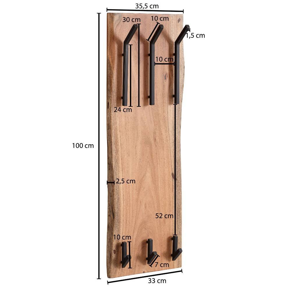 Garderobenpaneel aus Akazienholz im Industrial-Stil mit schwarzen Haken und allen Maßen – Anella