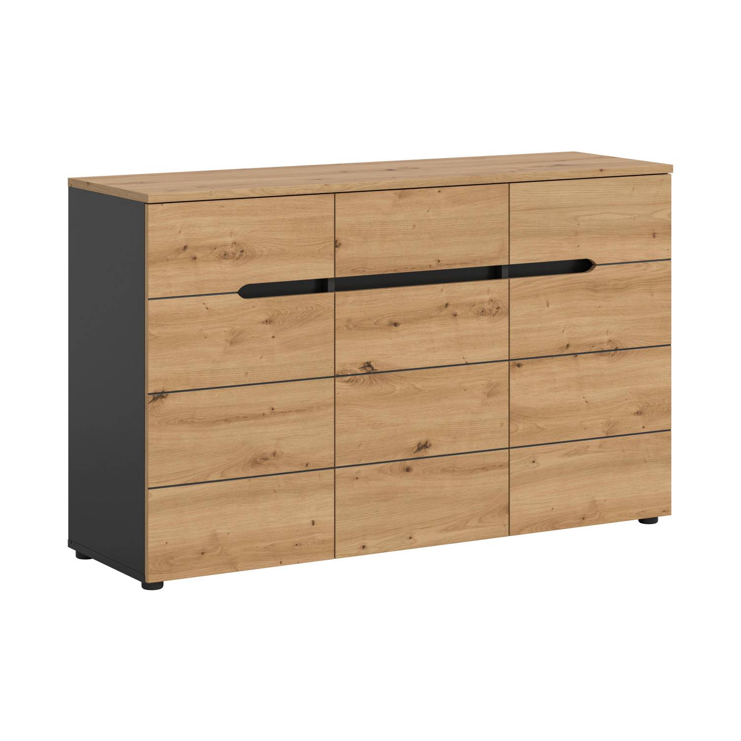Breites Sideboard mit neun Fächern in Eichenoptik und Anthrazit für Wohnzimmer – Irysma