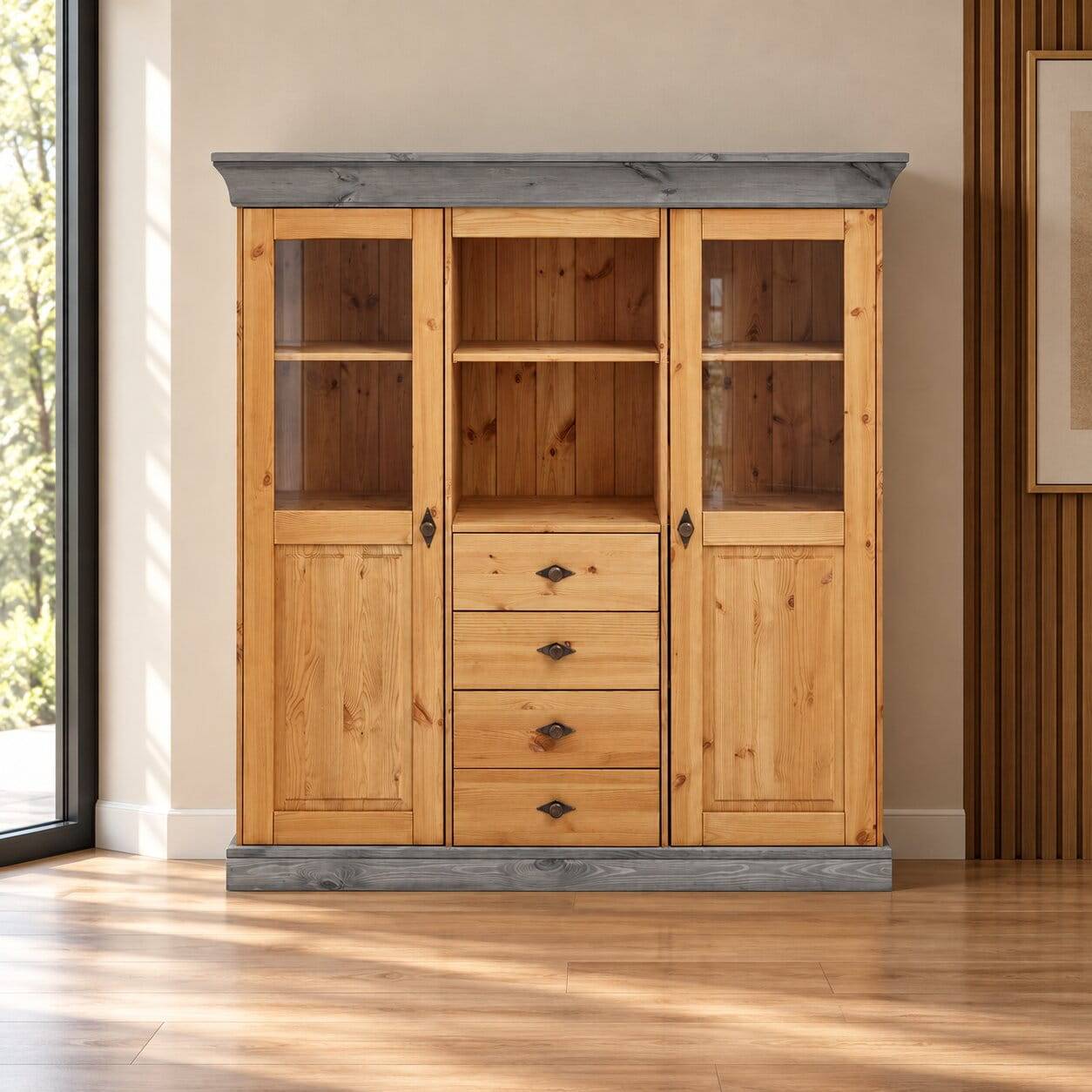 Landhaus Highboard mit Glas aus Kiefer - Eshelas