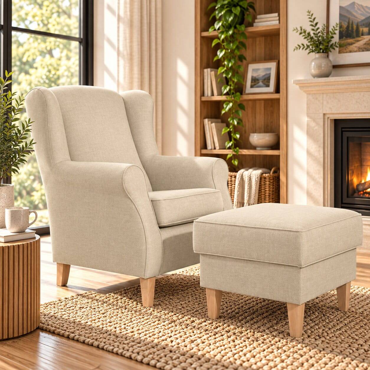 Ohrenbackensessel in Beige mit Buche - Nano