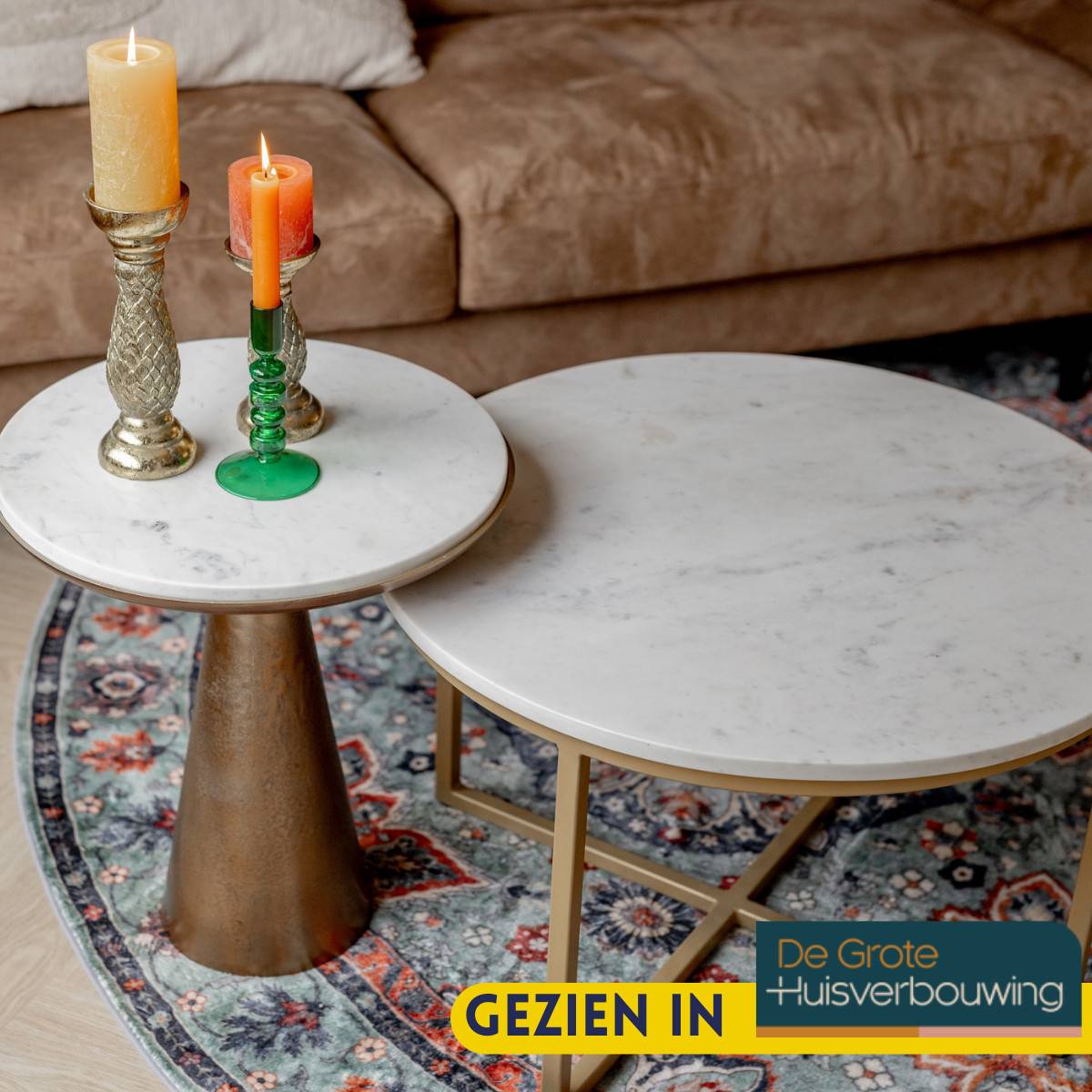 Eleganter runder Designtisch mit goldfarbenem Sockel und weißer Marmorplatte – Frasyn