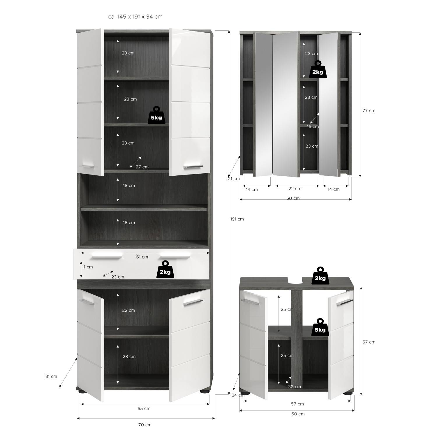 Waschplatz Set Maße und Abmessungen, Hochschrank, Spiegelschrank und Unterschrank mit Stauraumdetails – Chapan