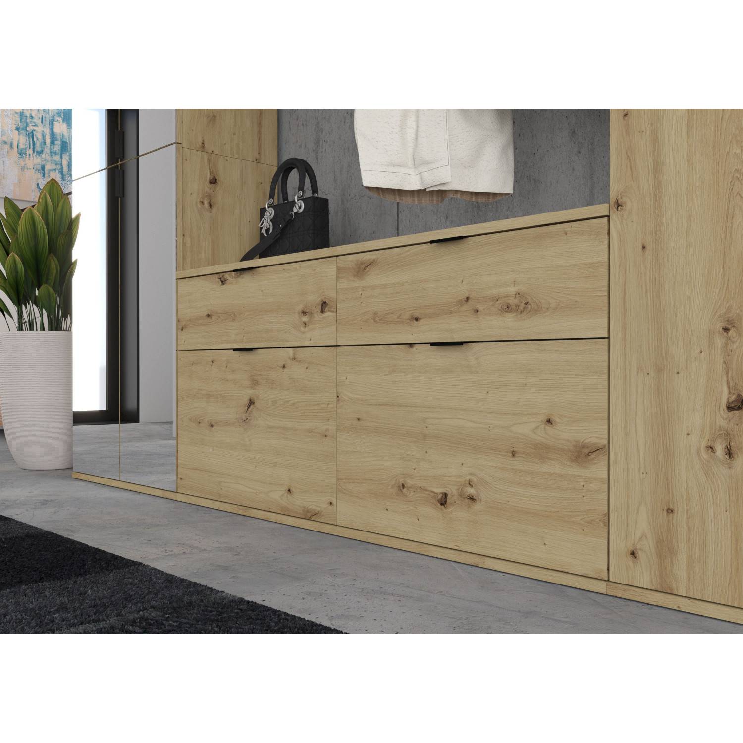 Untere Schubladen des Garderobenmöbelsets in heller Holzoptik mit schwarzen Griffen – Pretty