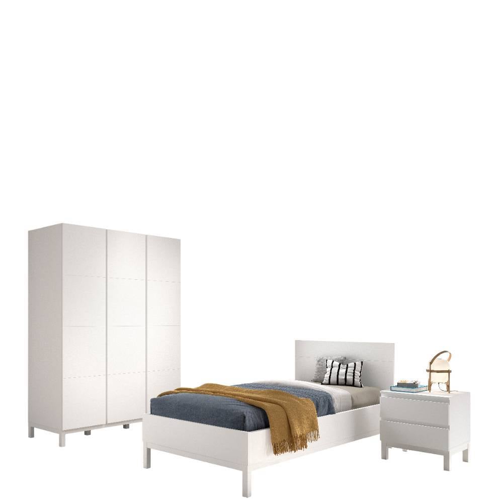 Dreiteilige Jugendzimmer-Einrichtung in Weiß mit Bett, Schrank und Nachttisch – Crocinol