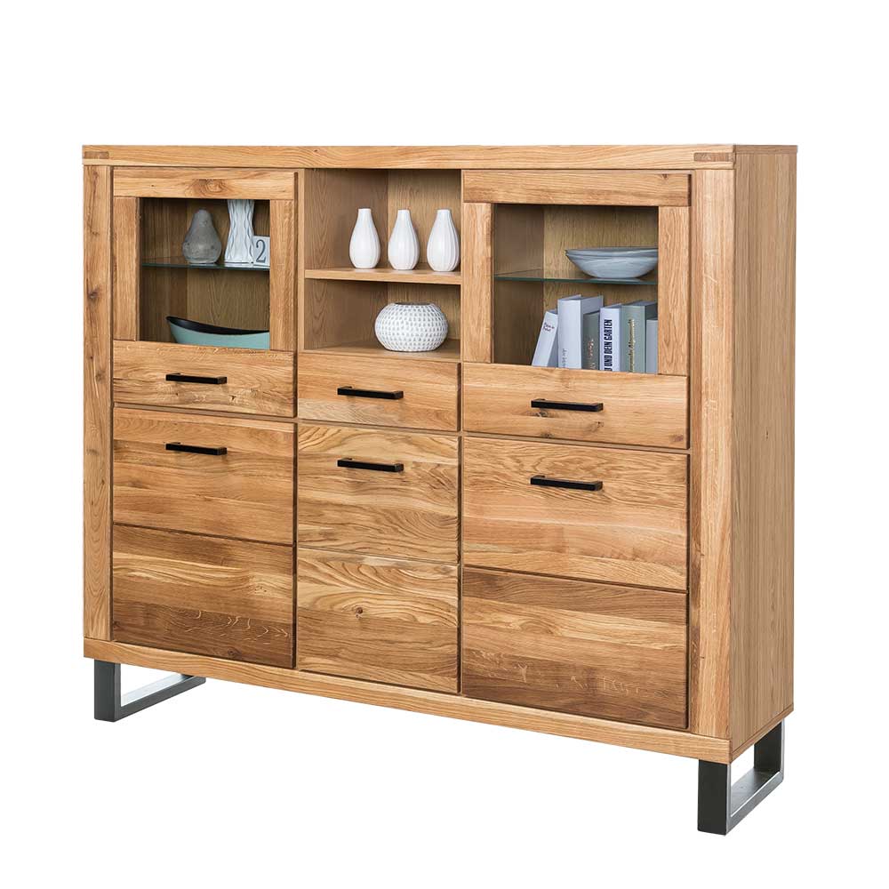 Wohnzimmer Highboard aus teilmassiver Wildeiche mit Glasvitrinen und Schubladen – Arello