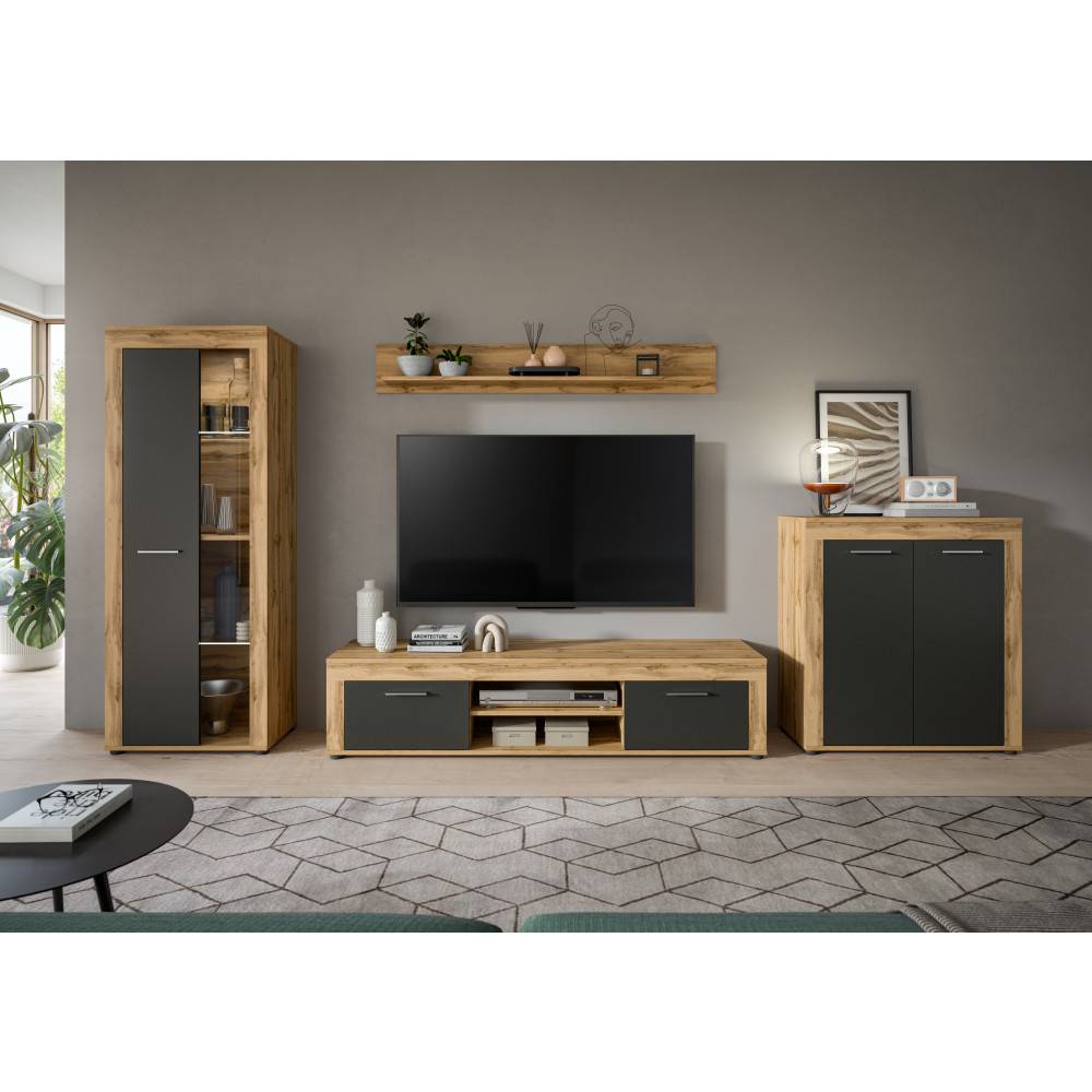 Zweifarbige vierteilige Fernsehwand in Wotan Eiche und Grau mit TV-Lowboard, Vitrine und Kommode – Josie
