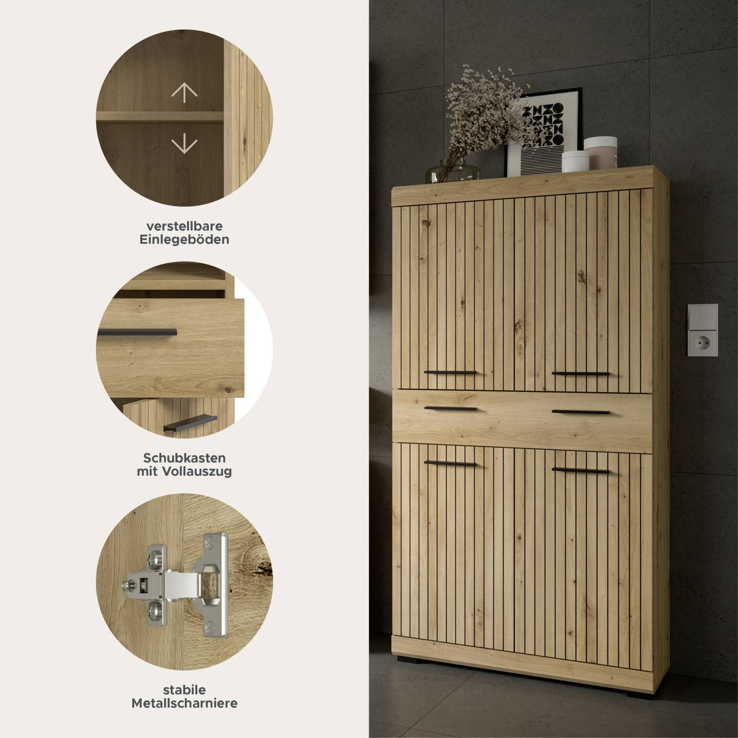 Hochschrank Details: verstellbare Einlegeböden, Schubkasten mit Vollauszug und stabile Metallscharniere – Lasewood