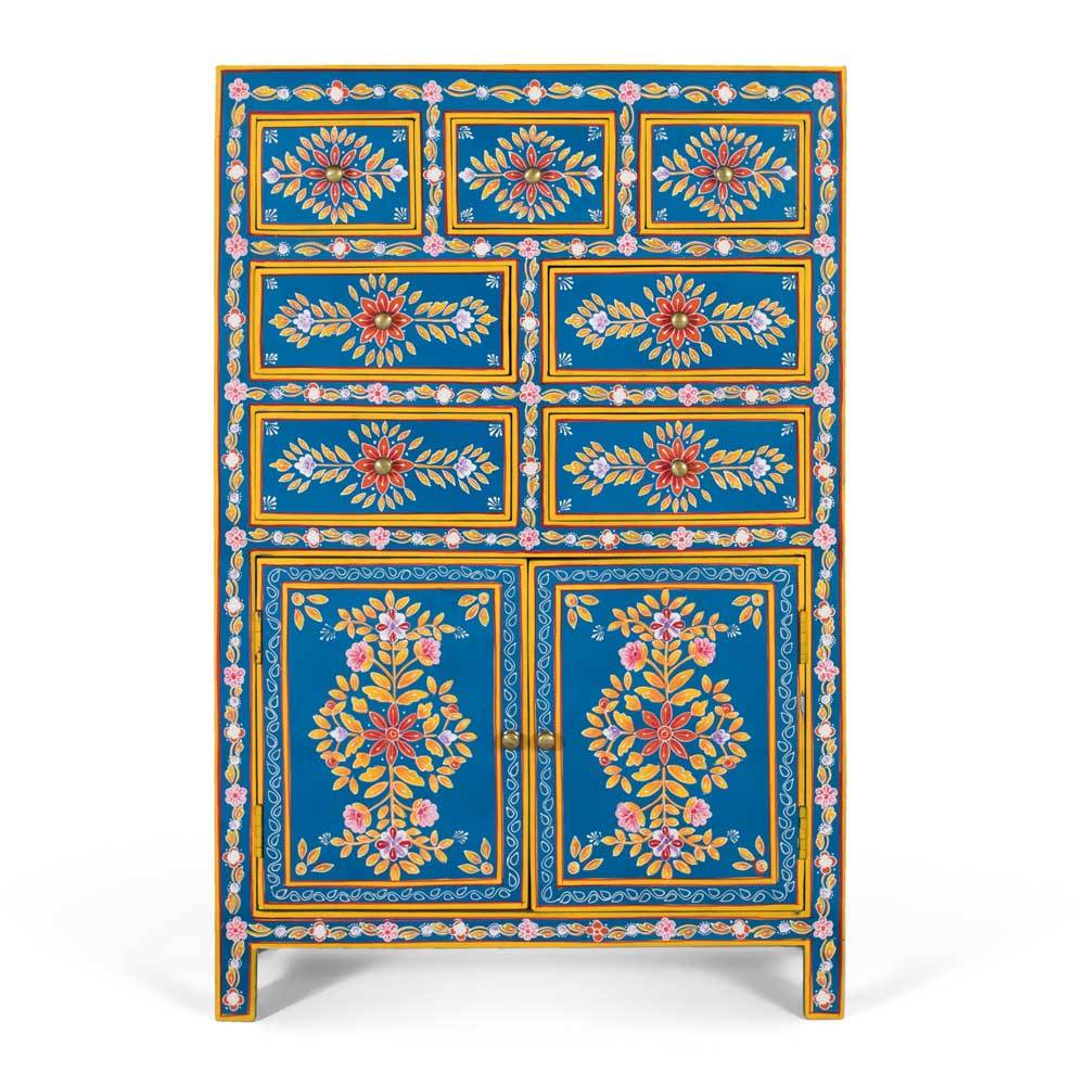 Blaues Highboard mit farbenfrohen floralen Mustern - Vonika