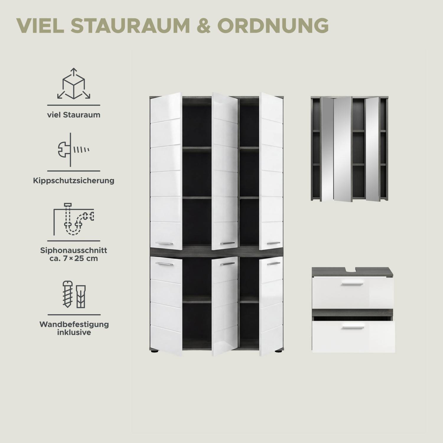 Übersicht der Funktionen des Badezimmerset: viel Stauraum, Kippschutz und Siphonausschnitt – Chapan