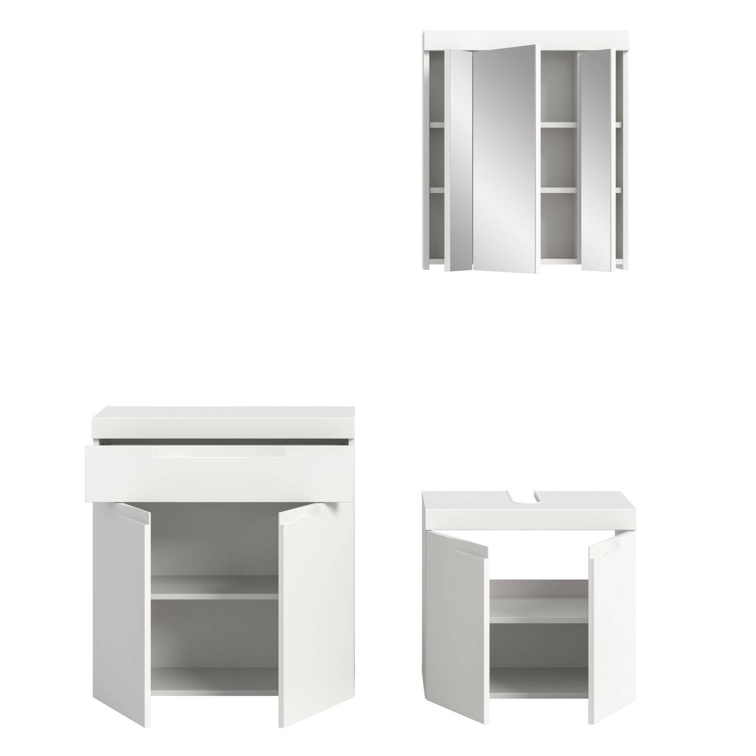 Weißes dreiteiliges Badmöbel Set mit Spiegelschrank, Waschbeckenunterschrank und Seitenschrank geöffnet – Bruna