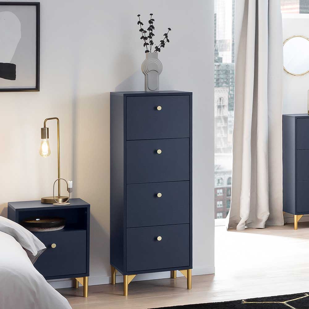 Hohe Kommode in Dunkelblau mit Gold - Inbano
