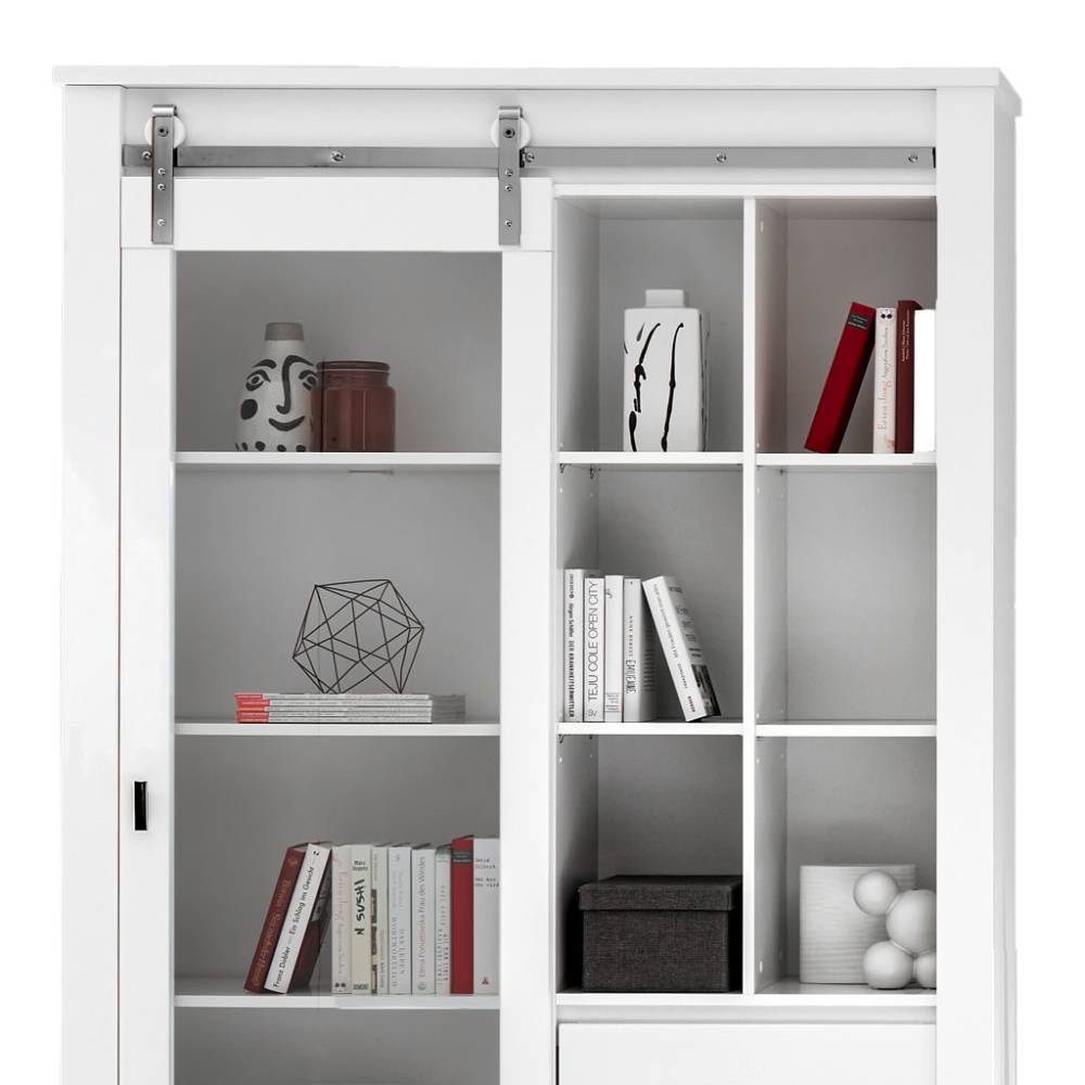 Schiebetürvitrine des weißen Design-Wohnzimmer-Wohnwand Set mit offenen Fächern – Memphys