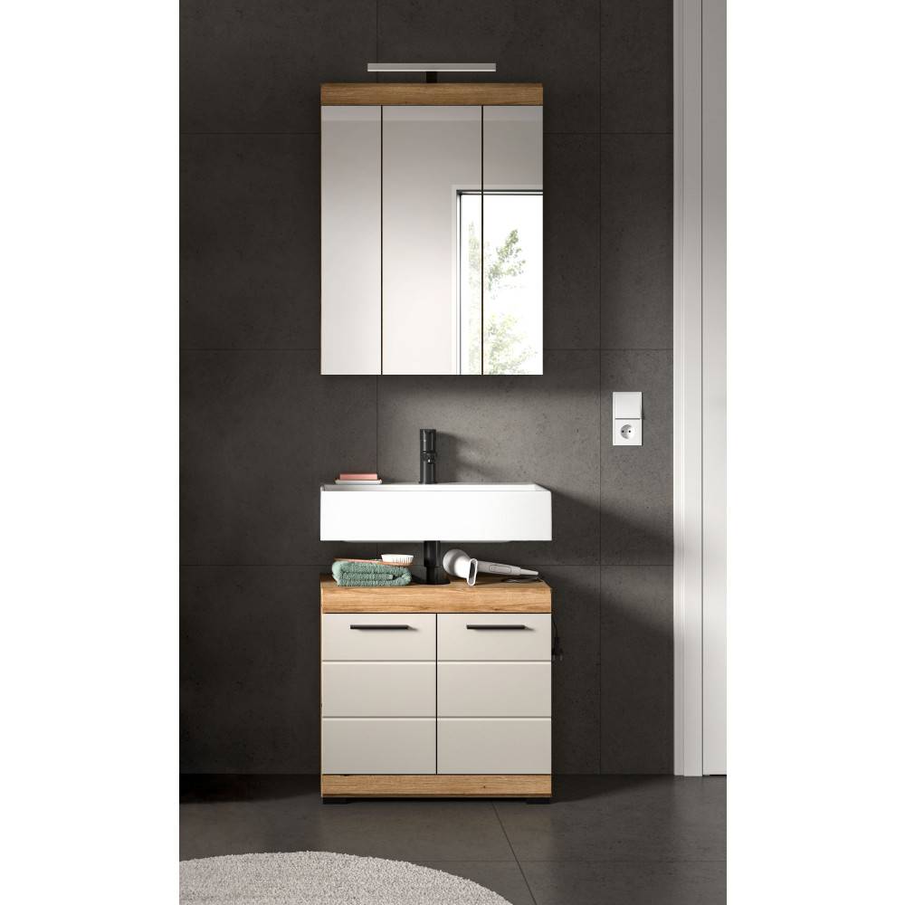 Spiegelschrank und Waschbeckenunterschrank in Beige-Holz-Optik mit Aufsatzwaschbecken – Casserra