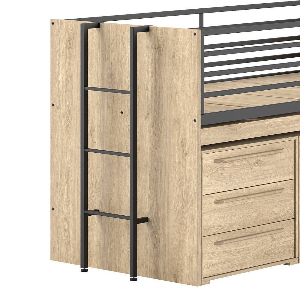 Hochbett mit schwarzer Metallleiter und heller Holzoptik Seitenwand – Choice