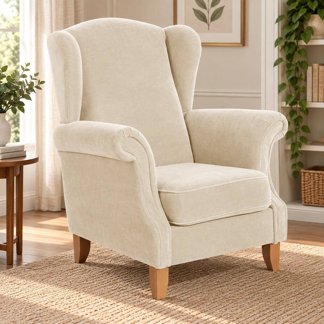 Wohnzimmer Ohrensessel in Creme Velours - Oreljan