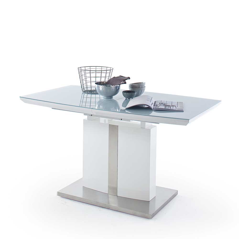 Hochglanz Säulentisch in Weiß Sesedra mit Glas & Edelstahl