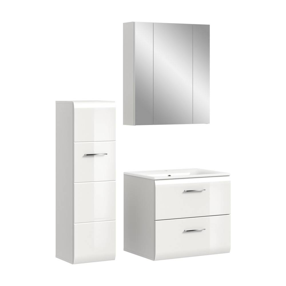 Weißes dreiteiliges Waschplatz Badmöbel Set mit glänzenden Lackfronten und Spiegelschrank – Clona