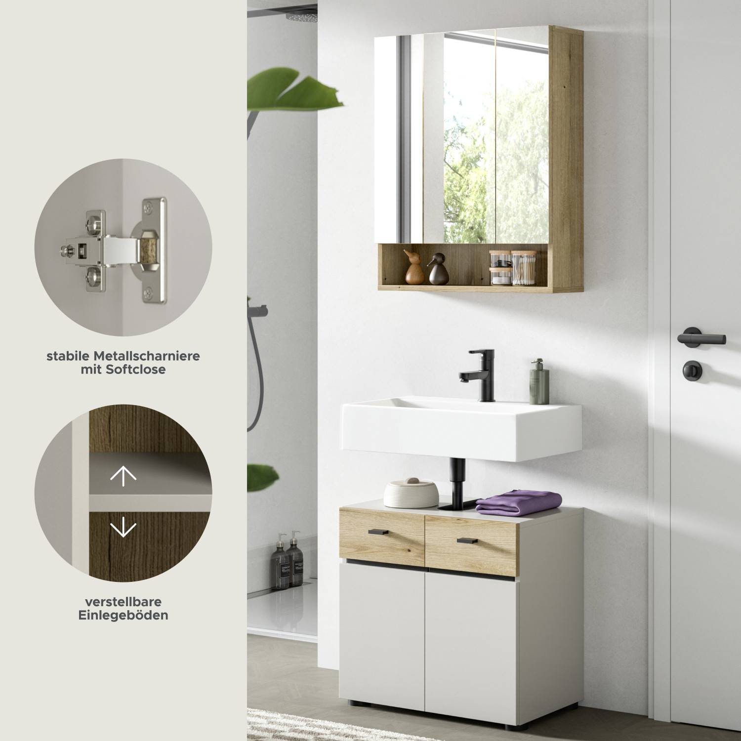 Stabile Metallscharniere mit Softclose und verstellbare Einlegeböden im Kaschmir Badmöbel Set – Majoristo
