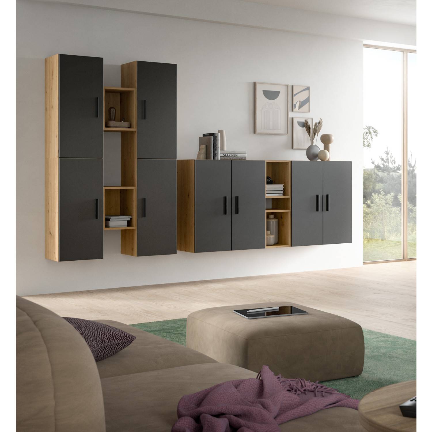 Moderne vierteilige Anbauwand in Artisan Oak und Basalt für das Wohnzimmer – Estoron