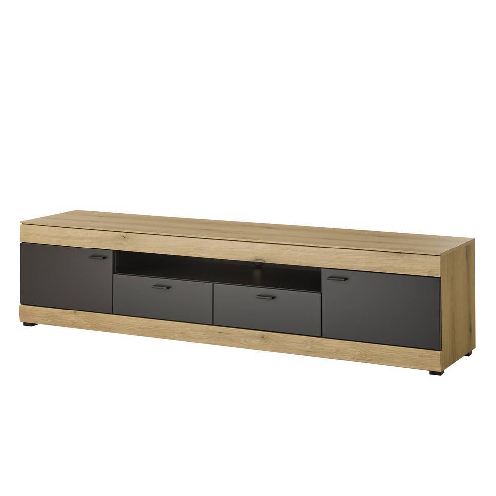 Langes TV-Rack in Eiche Holzoptik mit dunklen Tür- und Schubladenfronten für das Wohnzimmer – Addara
