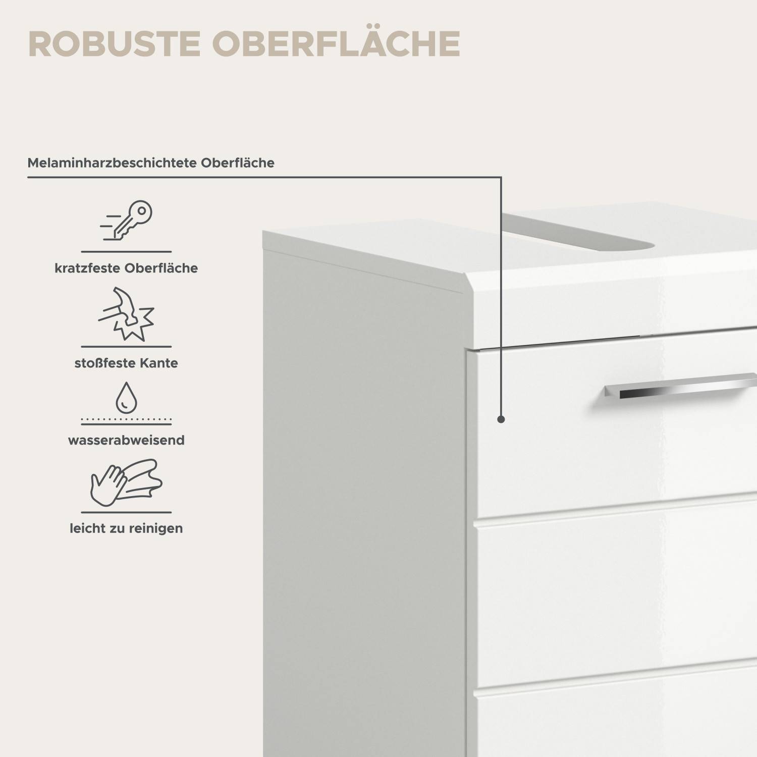 Robuste kratzfeste und wasserabweisende Oberfläche der weißen Badmöbel – Nanila