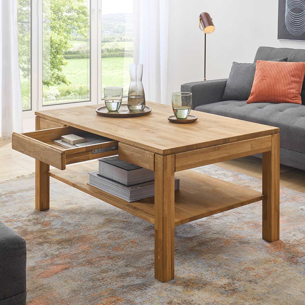 Asteiche Sofatisch mit Schublade und Ablage - Hoxtona