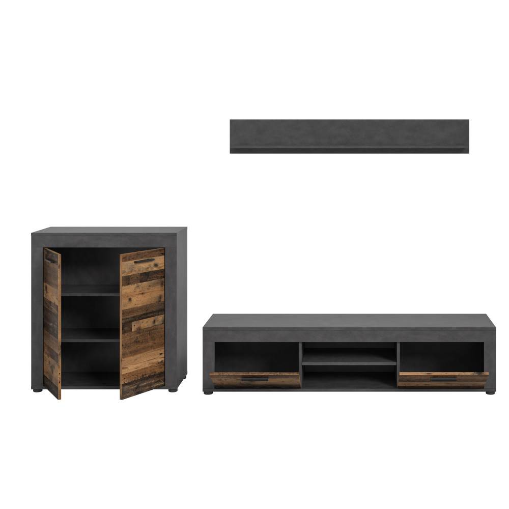 Dreiteilige Medienwand mit Lowboard, Hochschrank mit offenen Türen und Wandregal in Altholz-Optik – Istrewy