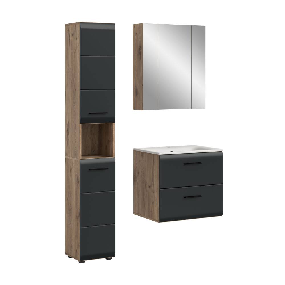 Dreiteiliges Badezimmer Set mit Hochschrank, Waschtischunterschrank und Spiegelschrank in Anthrazit Holzoptik – Karina