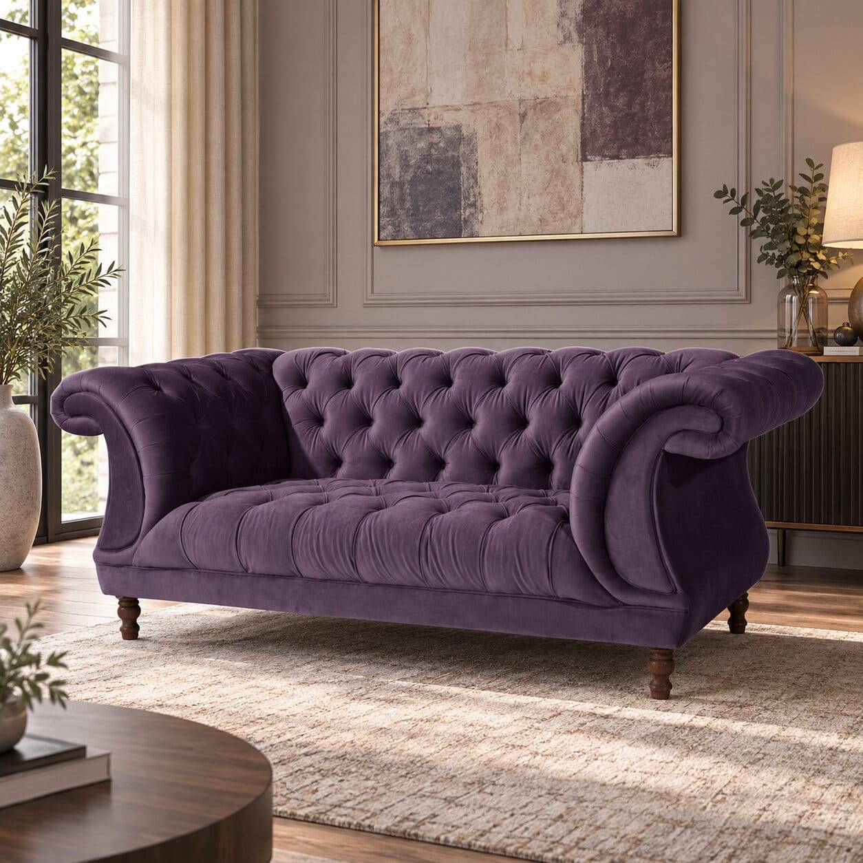 Samtvelours Sofa in Dunkellila - Valbreda