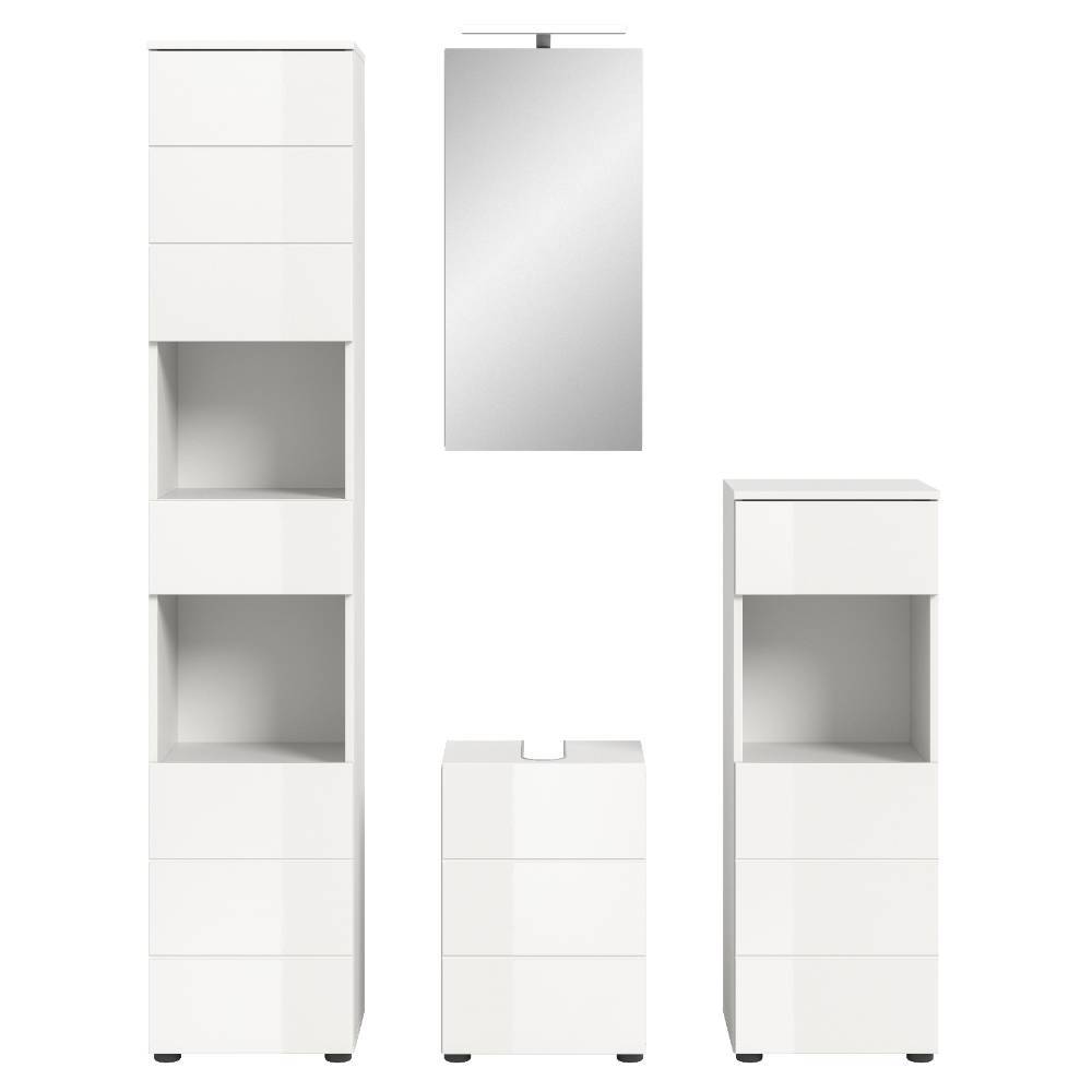 Vierteiliges weißes Badmöbel Set mit Hochschrank, Spiegelschrank, Waschtischunterschrank und Midi-Schrank – Vitablos