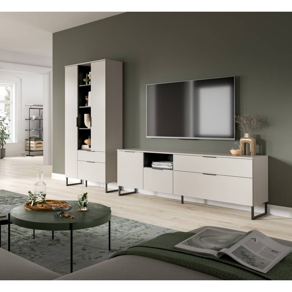 Moderne Anbauwand in hellem Beige mit schwarzem Akzent für Wohnzimmer – Ostinia