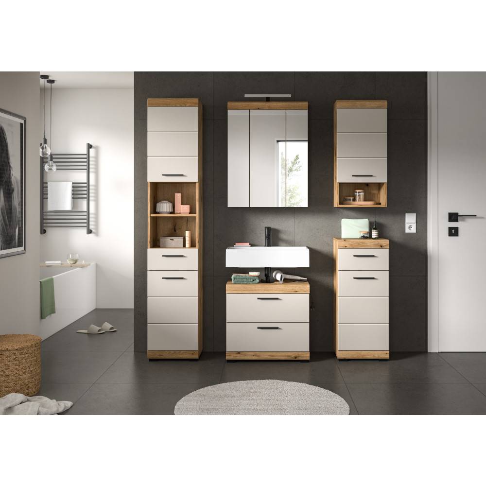 Fünfteiliges Badmöbel Set mit Hochschrank, Spiegelschrank und Waschtischunterschrank in Sandgrau und Holzoptik – Casserra