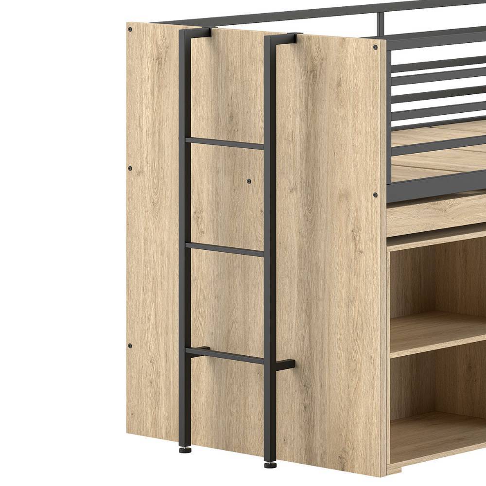 Holzfarbenes Hochbett mit schwarzer Metallleiter und Regal für Kinderzimmer – Choice