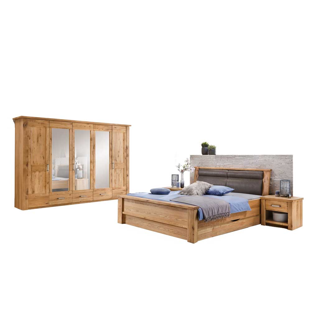 Vierteiliges Schlafzimmer Möbelset aus Holz mit Bett, Kleiderschrank und Nachtkonsolen – Riostar