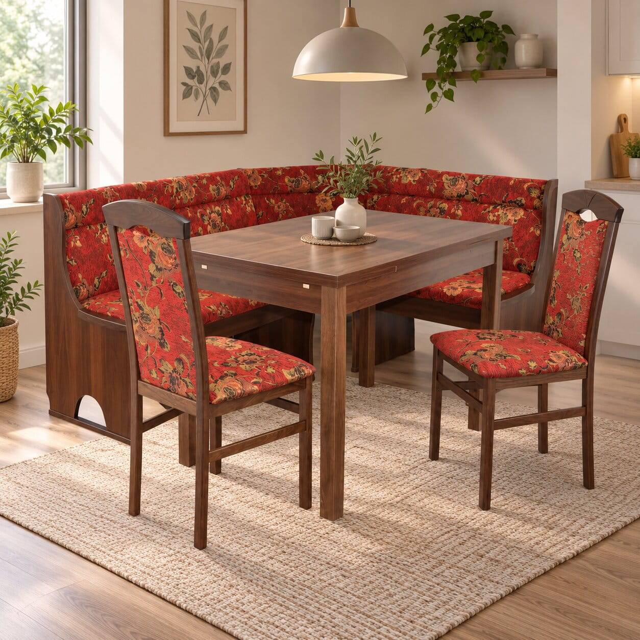 Eckbank Set in Nussbaum Braun mit Rot - Baltymore (vierteilig)