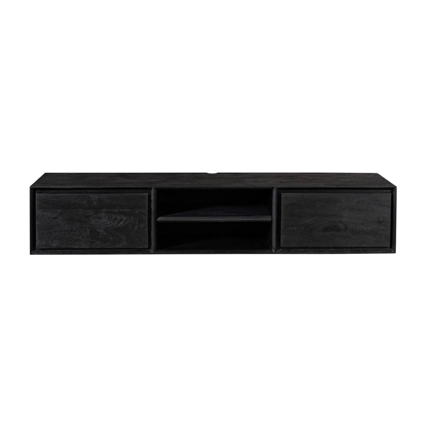 Schwarzes Hänge TV Board aus Mangoholz mit zwei Schubladen und offenem Fach – Rondra