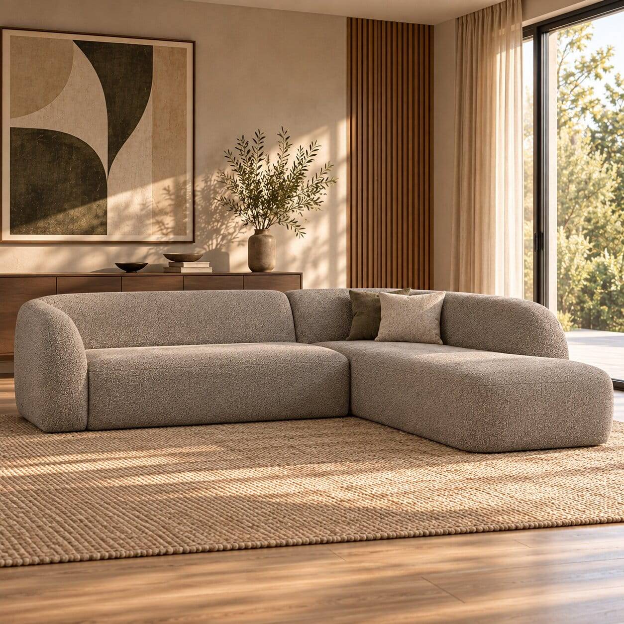 L Sofa im Skandi Design in Grau Chenille - Grandessa