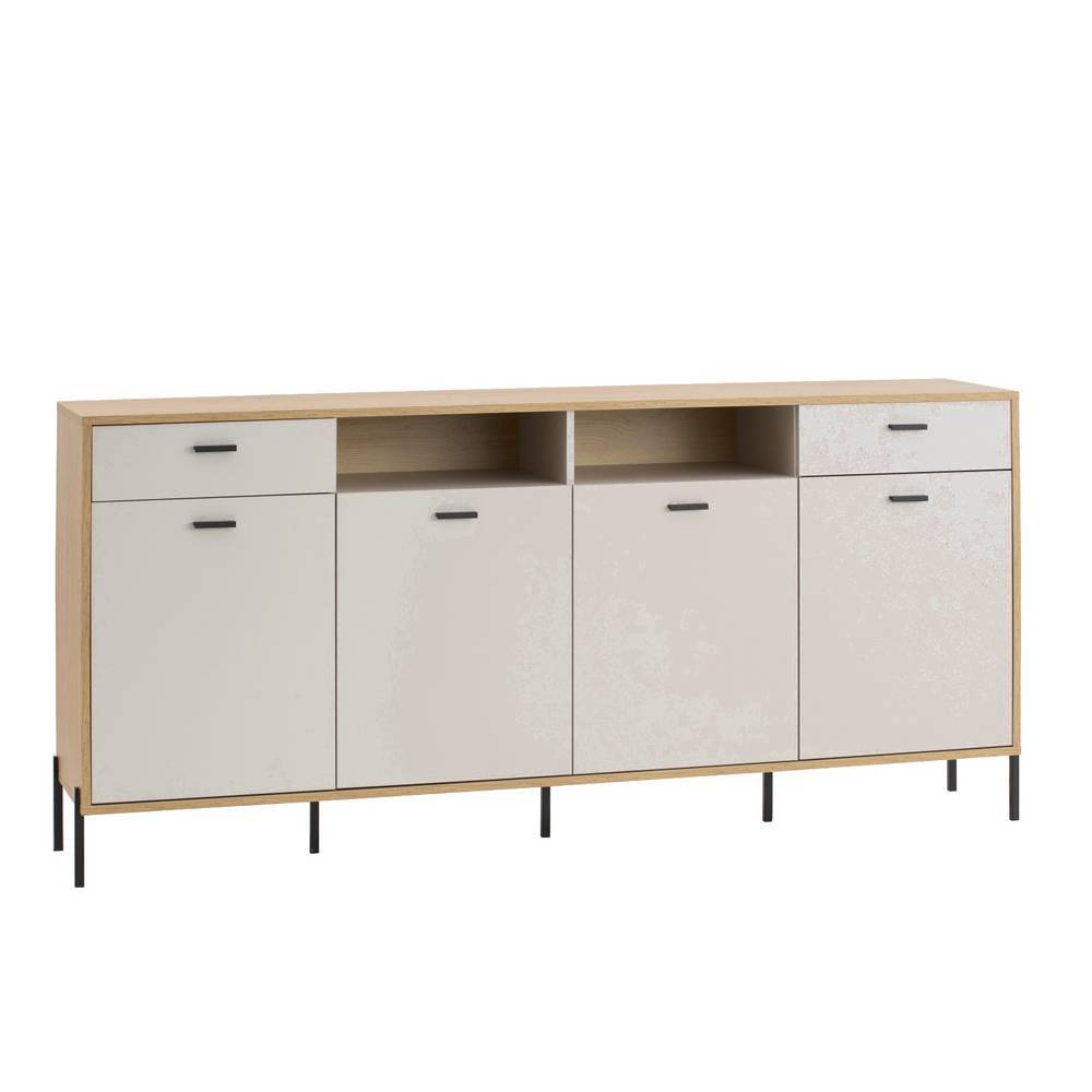 Modernes Sideboard mit heller Holzoptik, hellgrauen Türen und Schubladen, schwarzen Griffen und offenen Fächern – Dasanti